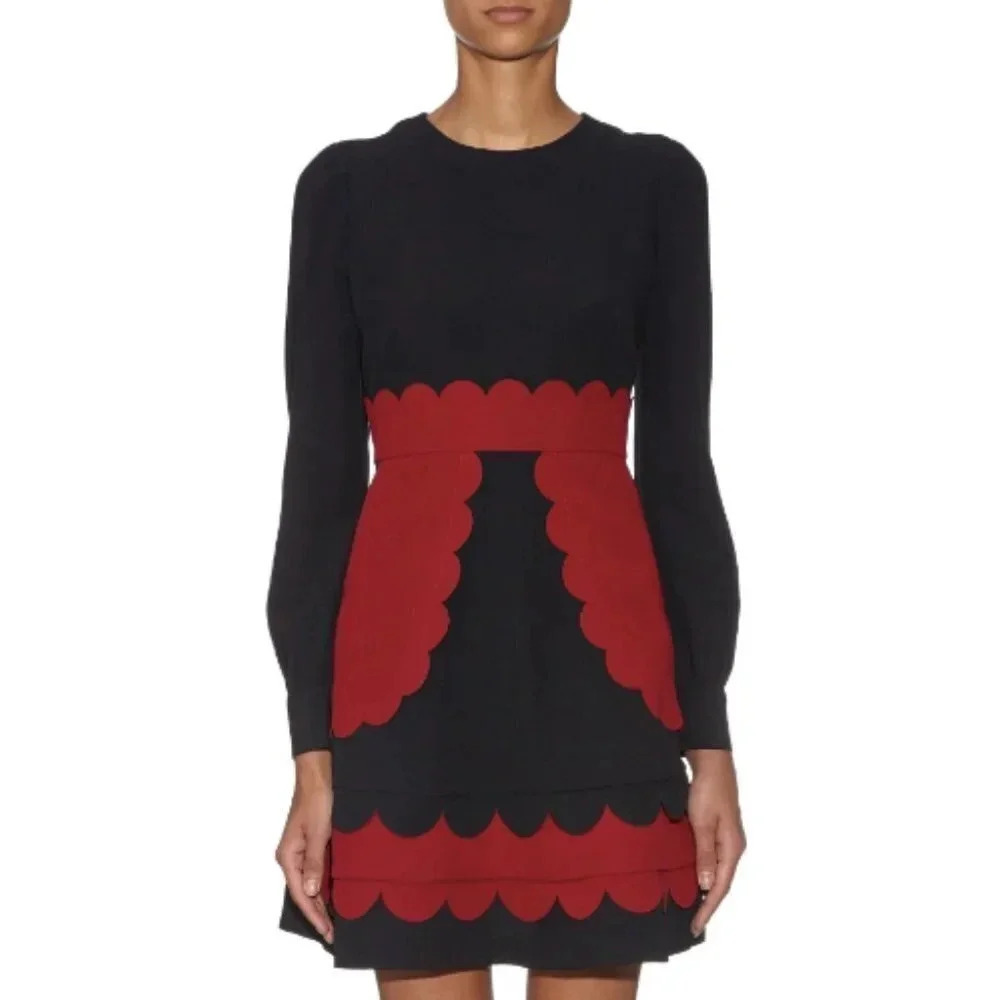 RED Valentino Black and Red Scalloped Knit Mini Dress